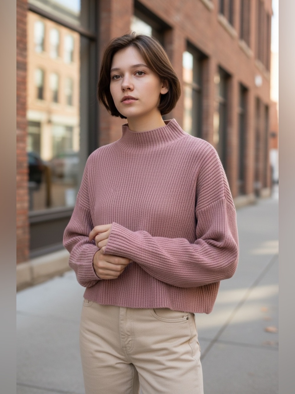Zara Cropped Cozy Mock-Neck Ribbed Sweater in Dusty Rose, size M